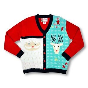 Ugly Christmas Sweater Sz XL Eyelash‎ Knit Cardigan Santa Reindeer Color Block